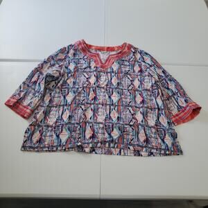 John Mark Shirt Womens 2X Multicolor Geometric Boho 3/4 Sleeve Embroidered Top